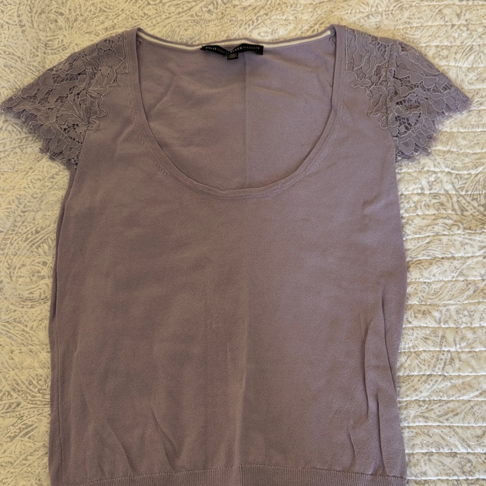 White House Black Market Purple Lace Sleeve Blouse